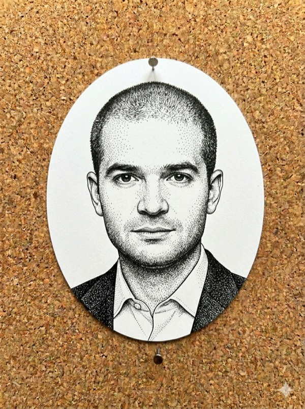 Ilya Sutskever, founder of Safe Superintelligence Inc. — illustrated stipple portrait.